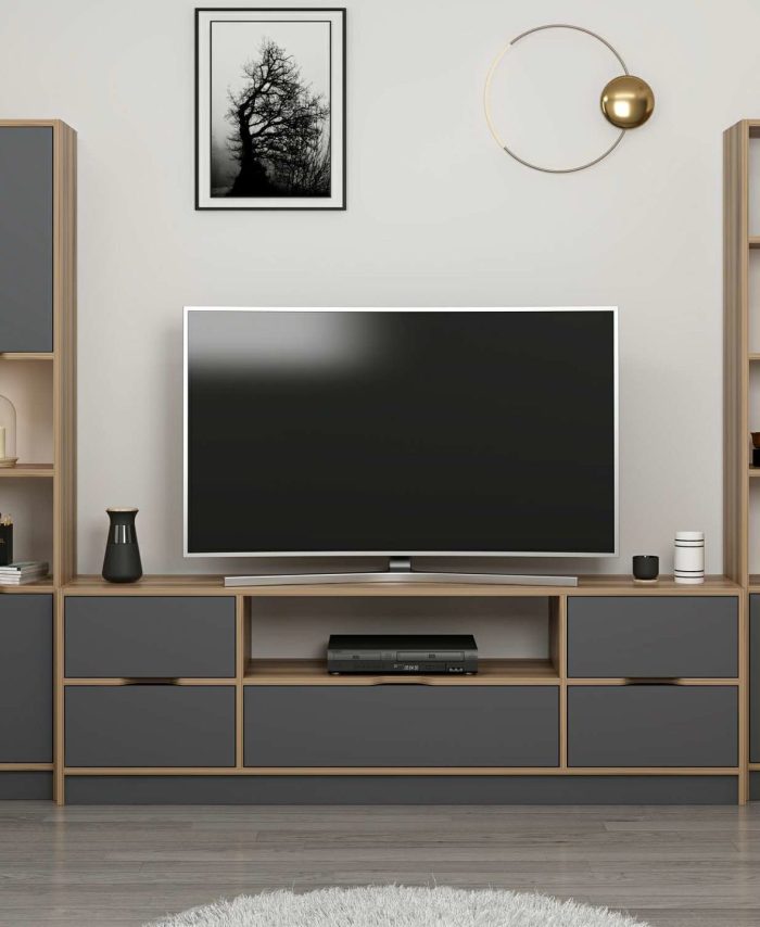 Elina Set 3 TV Unit + 1D Bookshelf + 2D Bookshelf - Gold/Anthracite
