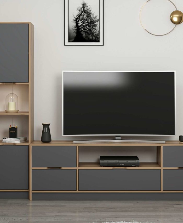 Elina Set 7 TV Unit + 2D Bookshelf - Gold/Anthracite